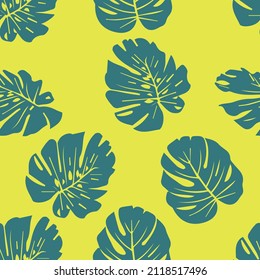 
Hawaiian themed pattern. seamless pattern with monstera leaves. Yellow and green colors.