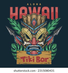 Hawaiian Tiki bar sticker colorful traditional wooden war mask and spears near petals for restaurant seaside cafe design vector illustration