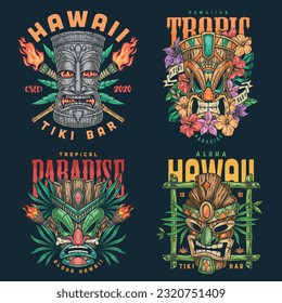 Hawaiian tiki colorful set posters with wooden sculptures of deity heads and torches near plant leaves vector illustration