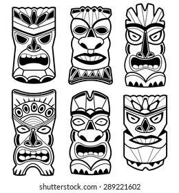 Hawaiian tiki god statue masks. Vector black and white coloring page.

