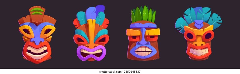 Hawaiian tiki Kopf Totem Maske Vektorgrafik Symbol einzeln auf Hintergrund. Partydekoration mit süßer, trendiger Bildhauerkunst. Tropisches indigenes Lächeldesign mit Feder und Blättern