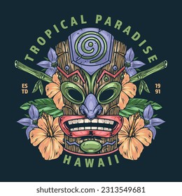 Hawaiian Tiki mask colorful sticker with inscription tropical paradise near totem with face of deity and beautiful flowers vector illustration