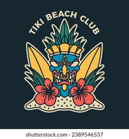 Hawaiian Tiki mask element colorful with green leaves around wooden head of ancient deity to advertise island tours vector illustration