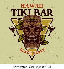 Hawaiian tiki mask and leafs vector colorful emblem, badge, label, sticker or logo in cartoon style on background with removable textures