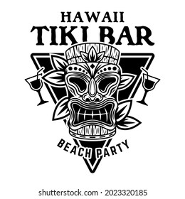 Hawaiian tiki mask and leafs vector monochrome emblem, badge, label, sticker or logo in vintage style isolated on white background