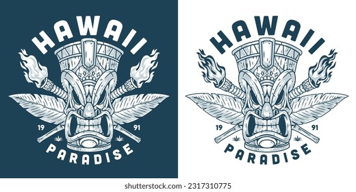 Hawaiian Tiki mask logotype monochrome with face ancient deity and torches for scenery cool party on paradise island vector illustration