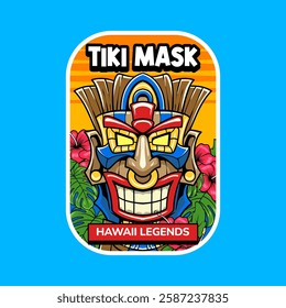 Hawaiian Tiki Mask Mascot Cartoon Character Illustration for sticker, badge, patch, banner, greeting card, invitation