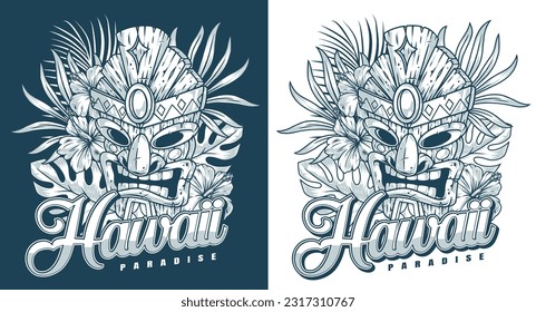 Hawaiian Tiki mask monochrome logotype with face of deity among leaves of exotic plants for advertising travel packages vector illustration