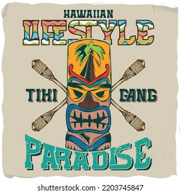 Hawaiian tiki mask with a phrase 'Hawaiian lifestyle, paradise'