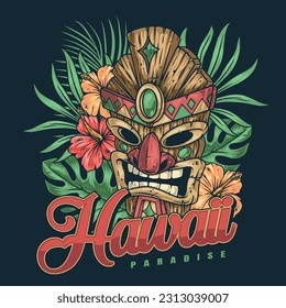 Hawaiian Tiki mask sticker colorful with deity face and petals with flowers for tropical club invitation design vector illustration