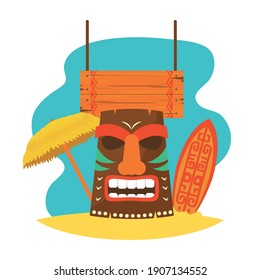 hawaiian tiki mask with surfboard and parasol over white background, colorful design, vector illustration