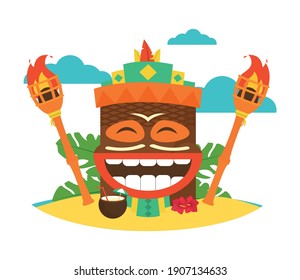 hawaiian tiki mask and torch around over white background, colorful design, vector illustration