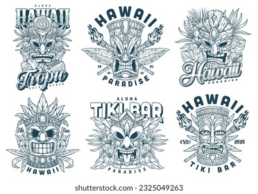 Hawaiian tiki Masken monochrome Set-Embleme mit antiken religiösen Statuen Götter Kopf und tropische Blätter oder kalte Cocktails Vektorgrafik