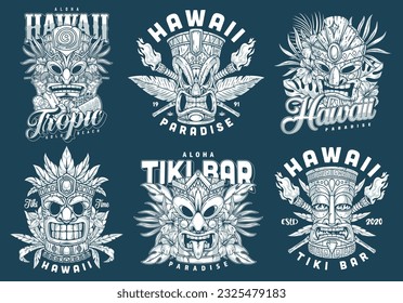 Hawaiian tiki Masken setzen Logotypen monochrome für Einladungskarten für die Paradische Sommerbar oder tropische sonnige Strandgrafik Vektorgrafik