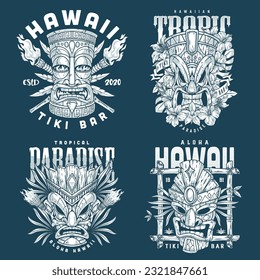 Hawaiian tiki monochrome set flyers with ethnic masks for promo beach parties and festivals in tropical climate vector illustration