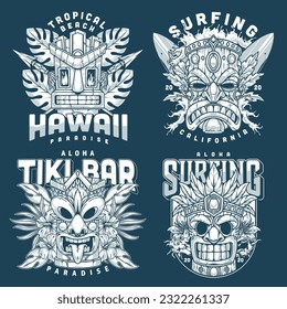 Hawaiian tiki set stickers monochrome with mascot masks with funny or angry faces and tropical leaves vector illustration