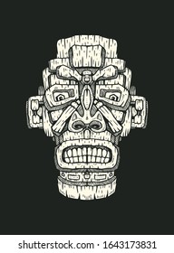 Hawaiian tiki statue mask. White shape on a black background, hand drawn design element. vector illustration