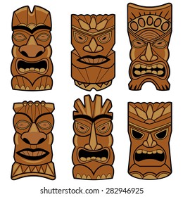 Hawaiian Tiki Statue Masks Set. Vector Illustration