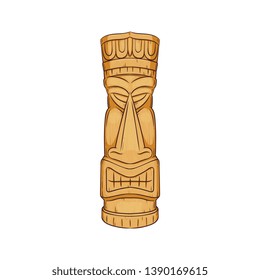 Hawaiian Tiki statue - wooden totem face sculpture by polynesian cultures, tropical ethic symbol decoration from Hawaii, cartoon isolated vector illustration on white background.