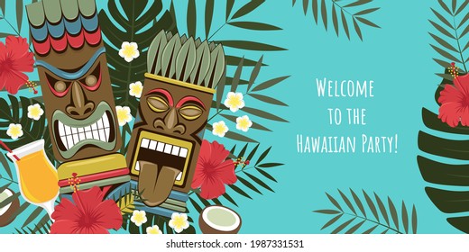 Hawaiian Tiki Statues Banner. Party Invitation. Template For Banner, Flyer, Invitation.