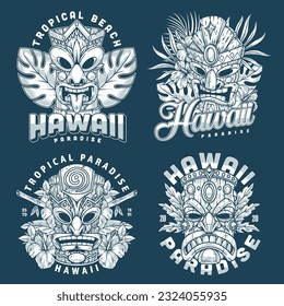 Hawaiian tiki totems monochrome set stickers with mascots exotic deities to protect bars and attract visitors to beach vector illustration