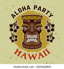 Hawaiian tiki wooden head vector colorful emblem, badge, label, sticker or logo in cartoon style on background with textures