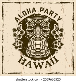 Hawaiian tiki Holzkopf Vintage-Emblem, Abzeichen, Etikett, Logo oder T-Shirt-Druck. Illustration auf Hintergrund mit Grunge-Texturen und RahmenVektorgrafik