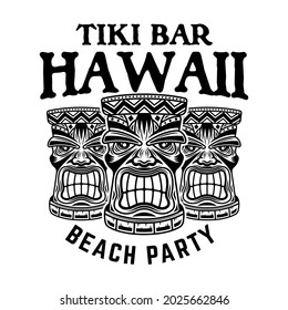 Hawaiian tiki wooden heads vector monochrome emblem, badge, label, sticker or logo in vintage style isolated on white background