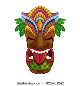 Hawaiian totem with palm leaves. Holidays in the Hawaiian Islands. Vector illustration on white background. Funny vector characters in cartoon style.