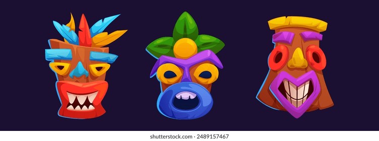 Hawaiian totem tiki mask. Hawaii or Polynesian island ancient native tribal statue head with cute scary faces. Cartoon vector set of traditional Mayan indigenous culture wooden ritual sculpture.