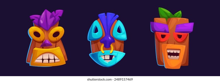 Hawaiian totem tiki mask. Hawaii or Polynesian island ancient native tribal statue head with cute scary faces. Cartoon vector set of traditional Mayan indigenous culture wooden ritual sculpture.