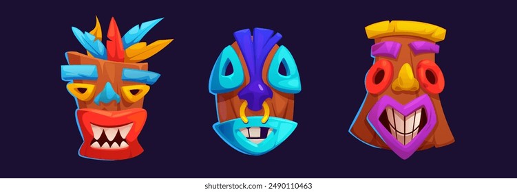 Hawaiian totem tiki mask. Hawaii or Polynesian island ancient native tribal statue head with cute scary faces. Cartoon vector set of traditional Mayan indigenous culture wooden ritual sculpture.