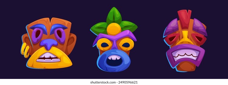 Hawaiian totem tiki mask. Hawaii or Polynesian island ancient native tribal statue head with cute scary faces. Cartoon vector set of traditional Mayan indigenous culture wooden ritual sculpture.