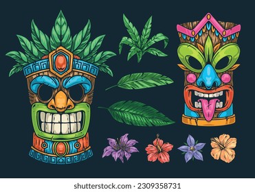 Hawaiian totems colorful set element with tiki mask faces and exotic flowers or green petals vector illustration