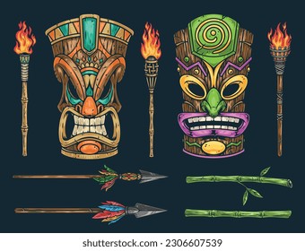 Hawaiian totems colorful set emblem with tiki masks and spears or burning torches to protect against superstition vector illustration