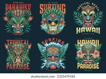 Hawaiian totems colorful set logotypes with ritual tiki masks and surfers invitation to tropical beach with ocean vector illustration