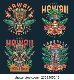 Hawaiian totems colorful set stickers with masks for tropical style bar and invitations for tourists to paradise vacation vector illustration