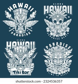 Monochrom-Plakate aus hawaiianischen Totems mit polynesischen Kulturmasken-Skulpturen für Bars und Restaurants am Meeresstrand, Vektorgrafik