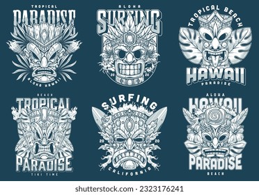 Hawaiian totems set emblems monochrome with tiki masks and slogans about surfing and california paradise beaches vector illustration