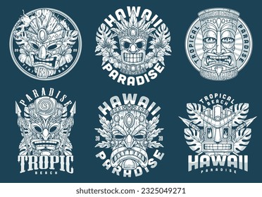 Hawaiian totems set logotypes monochrome wooden masks and tropical plants near words about paradise vacation on tropical beach vector illustration