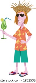 Hawaiian Tourist with cocktail cartoon illustration vector isolated on white background