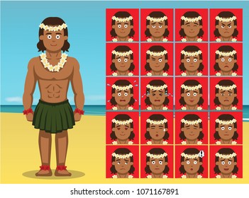 Hawaiian Traditional Dance Costume Man Cartoon Emotion faces Vector Illustration