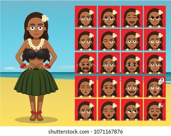 Hawaiian Traditional Dance Costume Woman Cartoon Emotion faces Vector Illustration