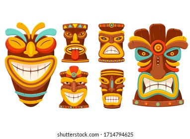 Hawaiian traditional tribal tiki mask set. Polynesian masks or totems collection. African traditional wooden colored mask. Isolated on white background. Vector illustration EPS8