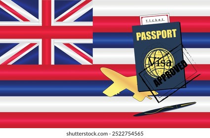 Hawaiian Travel Documentation Concept with blue Passport and Hawaii Flag. Approved Stamp. Airplane and Travel Tickets. Ideal for Immigration Tourism and Traveling Themes. Vector EPS available