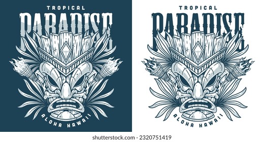 Hawaiian travel mascot flyer monochrome with ancient deity mask and lettering tropical paradise and aloha to attract travelers vector illustration