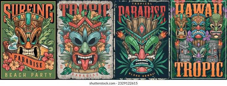 Hawaiian travel set flyer colorful with tiki masks and inscriptions about traveling and surfing in waters tropical ocean vector illustration