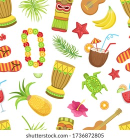 Hawaiian Travelling Sights and Symbols Seamless Pattern, Hawaii Travel Design Element Can Be Used for Fabric, Wallpaper, Packaging, Web Page Vector Illustration