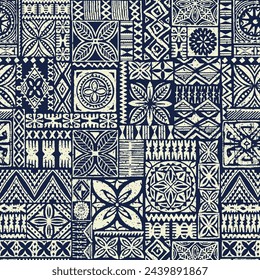 Hawaiian tribal elements fabric and Polynesian tapa cloth patchwork abstract vintage wallpaper vector seamless pattern for fabric wear shirt pillow tablecloth