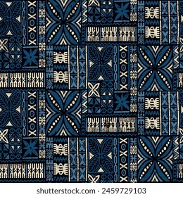 Hawaiian tribal elements fabric and Polynesian tapa cloth patchwork abstract vintage wallpaper vector seamless pattern for fabric wear shirt pillow tablecloth